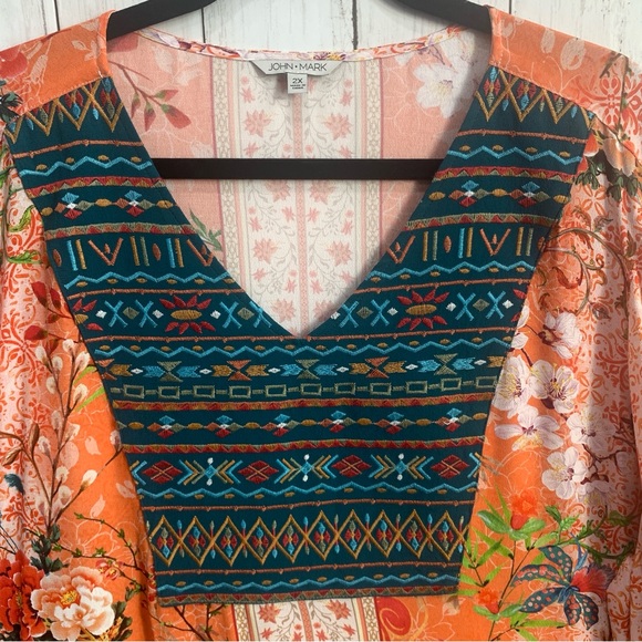 New John Mark Embroidered V-Neck 3/4 Sleeve Tunic Boho Western Top 2X Bird Print - Picture 6 of 16